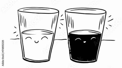 Doodle illustration of two glasses one half full one half empty with happy faces