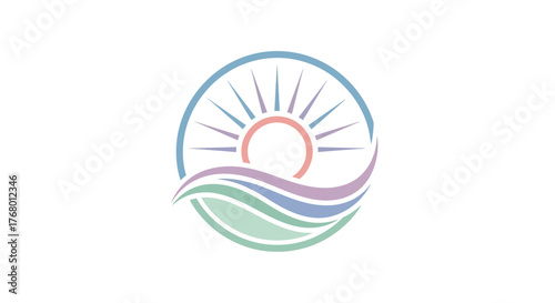 Pastel circular emblem presenting sun and waves illustrating calm ocean life harmony