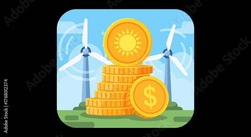 Cartoon representation of green energy sources generating financial investment and growth