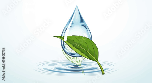 Illustration showcasing a water drop with a leaf conveying ecological balance and purity