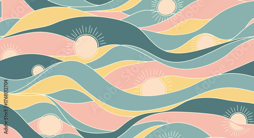 Gentle Sunrise Horizon: Abstract Pastel Colored Hills in Seamless Repeated Pattern Design
