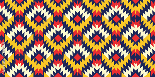 Vibrant geometric pattern with bold colors in a dynamic diamond shape design.