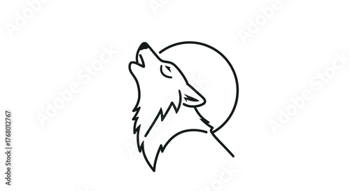 Simple monochrome line art drawing showcases wolf howling against a serene moon backdrop