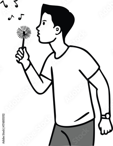 Serene illustration of a young man making a wish while gently blowing a dandelion, evoking feelings of joy, musicality, and youthful optimism and dreams