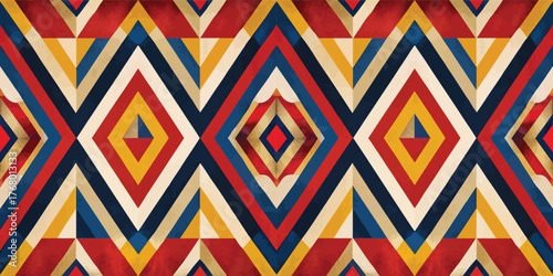 Vibrant geometric patterns in red, yellow, and blue create a striking visual impact.