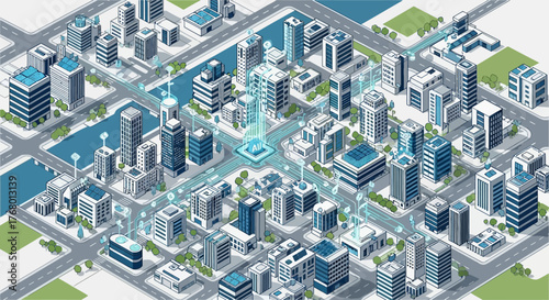 Isometric depiction of a modern smart city with advanced technology and connectivity architecture