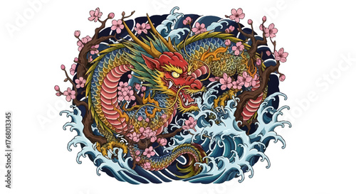 Majestic oriental dragon amidst crashing ocean waves and blossoming cherry branches art