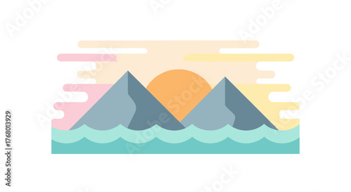 Serene minimalist landscape featuring mountains, ocean, and a radiant sun setting behind scenic