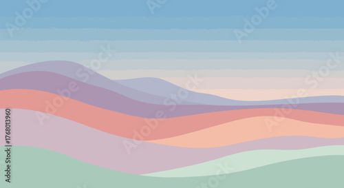 Minimalist layered landscape illustration featuring pastel color palette and simple organic lines
