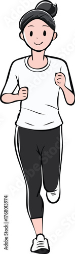 A cheerful young woman with her hair in a bun jogging in athletic wear. A simple cartoon illustration about fitness and healthy living