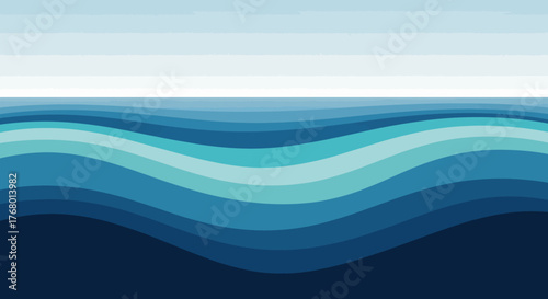 Stylized seascape of wavy layers in varying shades of blue, creating a serene visual rhythm
