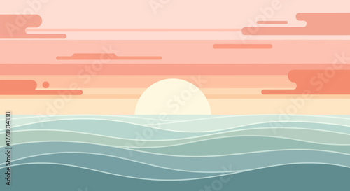 Stylized seascape at sunset with soft pastel tones and gentle wave patterns imagery
