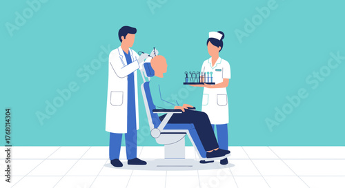 A dental examination scene showcases doctor, assistant, and patient in office setting