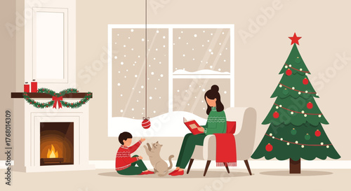 A heartwarming Christmas scene depicting a family enjoying the holiday season at home celebrating