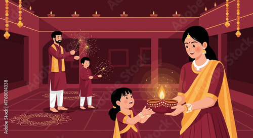 A heartwarming Diwali illustration showcasing family celebrations and traditions and festive