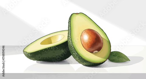 A Vibrant Depiction of Two Sliced Avocados on a Simple White Surface with Light Play