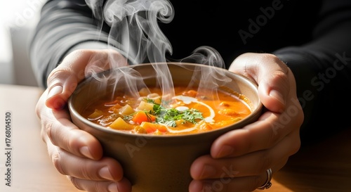 Close-up shot of a person holding a warm bowl of steaming soup with vegetables.