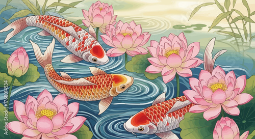 Tranquil harmony of koi fish swimming among serene lotus flowers in a peaceful pond scene