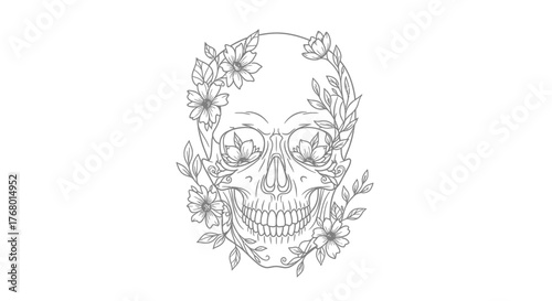 Floral skull illustration combining mortality and natural beauty in a delicate monochrome line art
