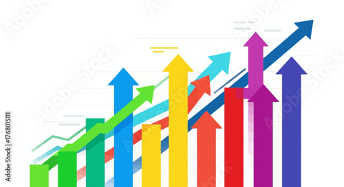 Colorful arrows illustrate upward business trends and economic growth direction forward moving
