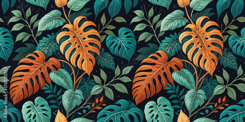 Vibrant tropical foliage featuring a mix of green and burnt orange leaves on a dark background.