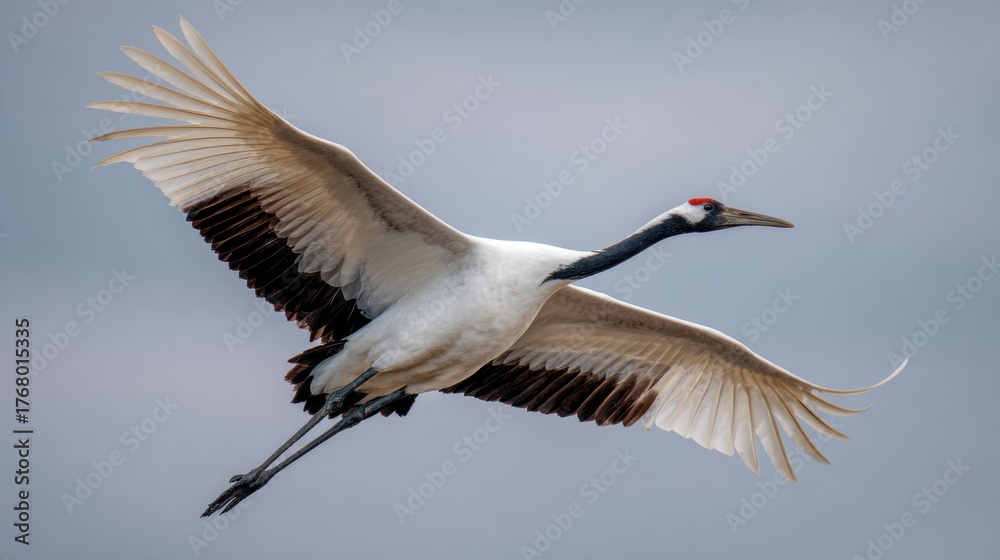 Fototapeta premium Majestic Crane in Flight with Outstretched Wings Against Sky