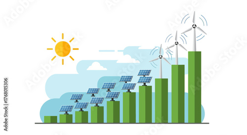 Renewable energy progress graph representing sustainable growth with solar and wind power