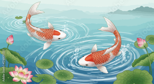 Enchanting koi fish pond illustration with serene ripples lotus blossoms and distant hills