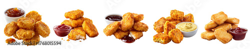 Assorted chicken nuggets with various dipping sauces arranged in groups on transparent background for fast food and snack concept
