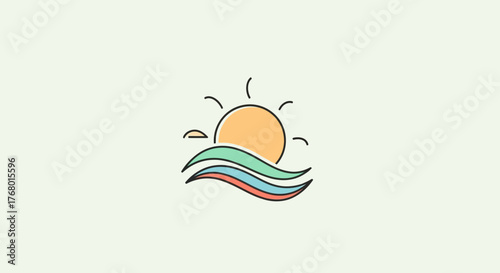 Vibrant sunrise emblem over gentle waves embodies coastal calm and tropical serenity for creative
