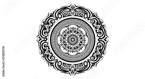 Monochrome circular abstract design with detailed tribal ornamentation and geometric patterns