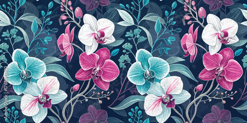 Vibrant floral pattern featuring orchid blooms in pink, white, and blue tones on a dark background.