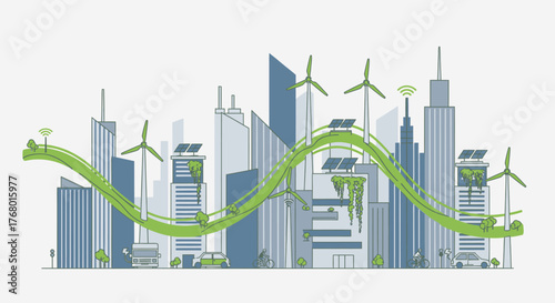 Sustainable urban development showcases wind turbines, solar panels, and green infrastructure
