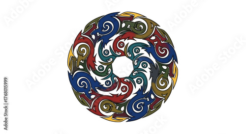 Vibrant rotational symmetry with swirling abstract forms and captivating color dynamics that