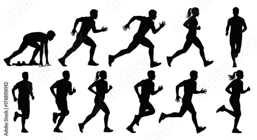 Dynamic Running Silhouettes Vector Set: Male and Female Joggers and Sprinters