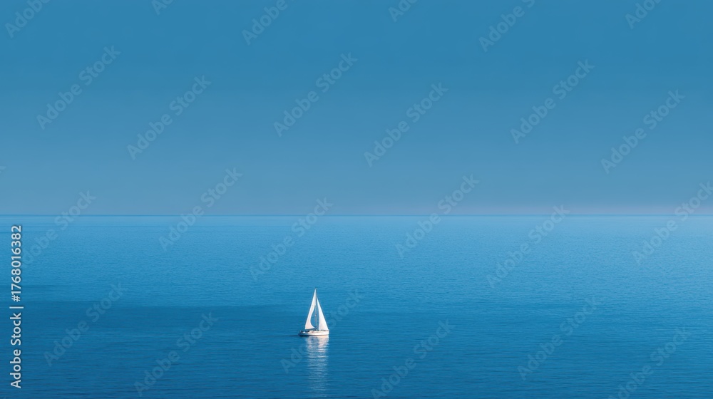 Obraz premium Tranquil Blue Ocean with Sailboat on Calm Waters at Dusk
