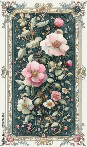Delicate botanical illustration of intertwined pink and white flowers with green leaves framed by an intricate decorative border evoking an elegant vintage style