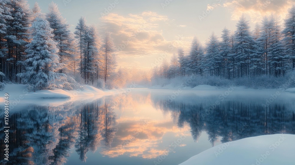 Fototapeta premium Peaceful winter landscape with snow-covered pine trees reflected in calm water under a soft glowing sunset sky