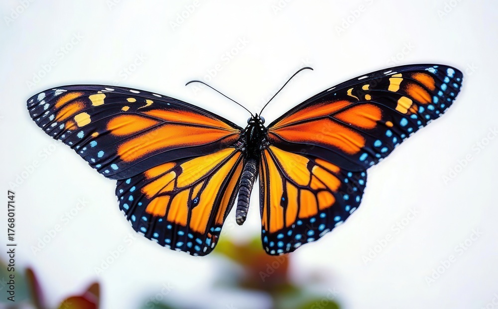 Obraz premium Close-up of a vibrant orange and black butterfly with blue spots on its wings resting against a blurred light background