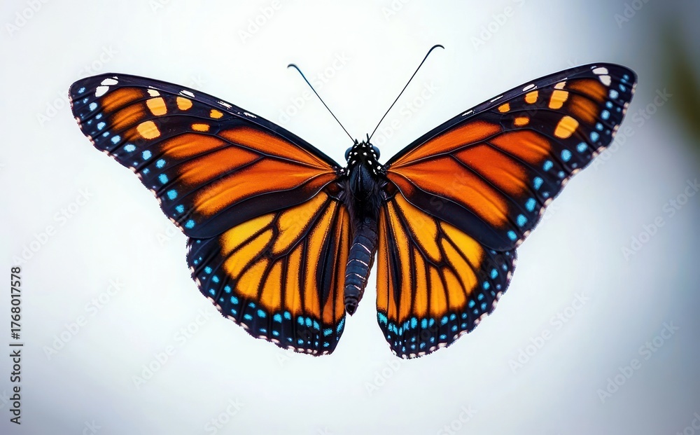 Obraz premium Close-up of a vibrant orange and black butterfly with blue and white spots on wings displayed against a light blurred background