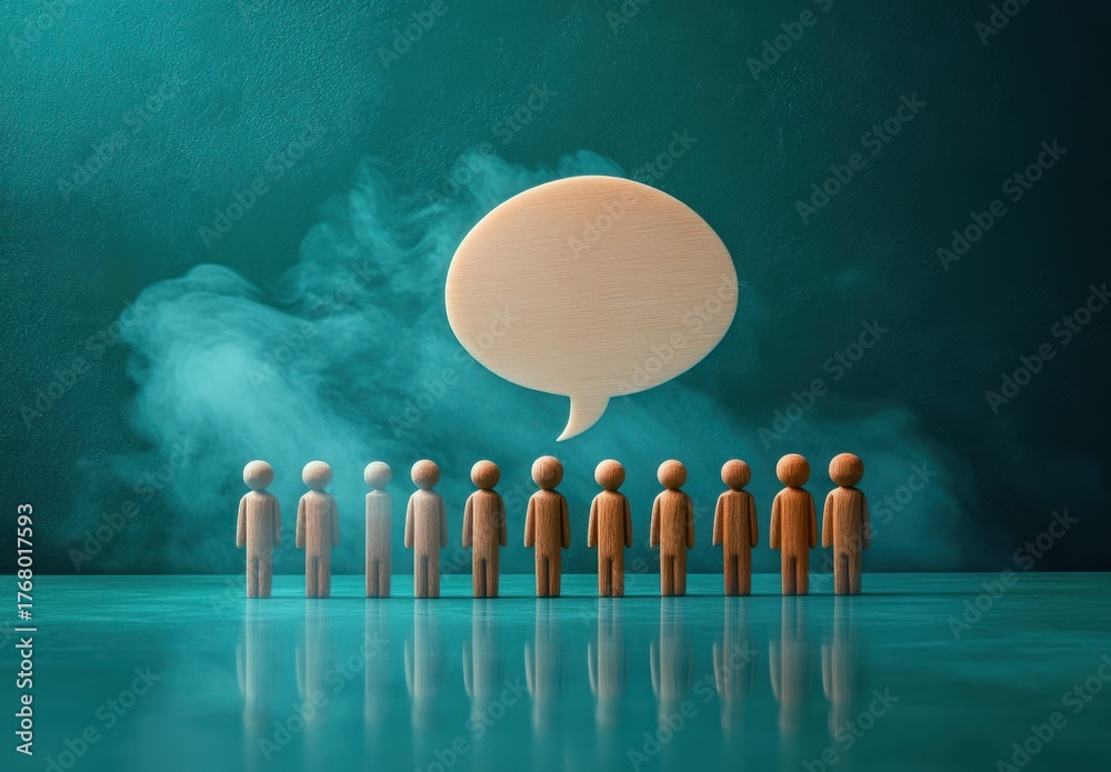 Fototapeta premium Line of wooden human figures with a large wooden speech bubble above them against a teal background with mist, symbolizing group communication or conversation