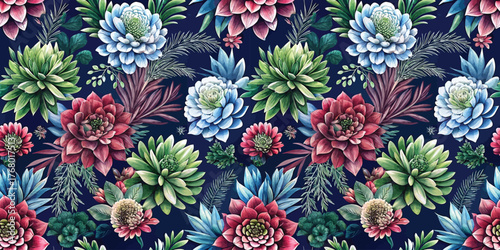 A vibrant floral pattern featuring various succulents on a dark navy background.