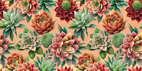 Vibrant pattern featuring various succulents in shades of green, red, and peach.