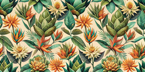A vibrant floral pattern featuring tropical leaves and colorful flowers, perfect for any design project.