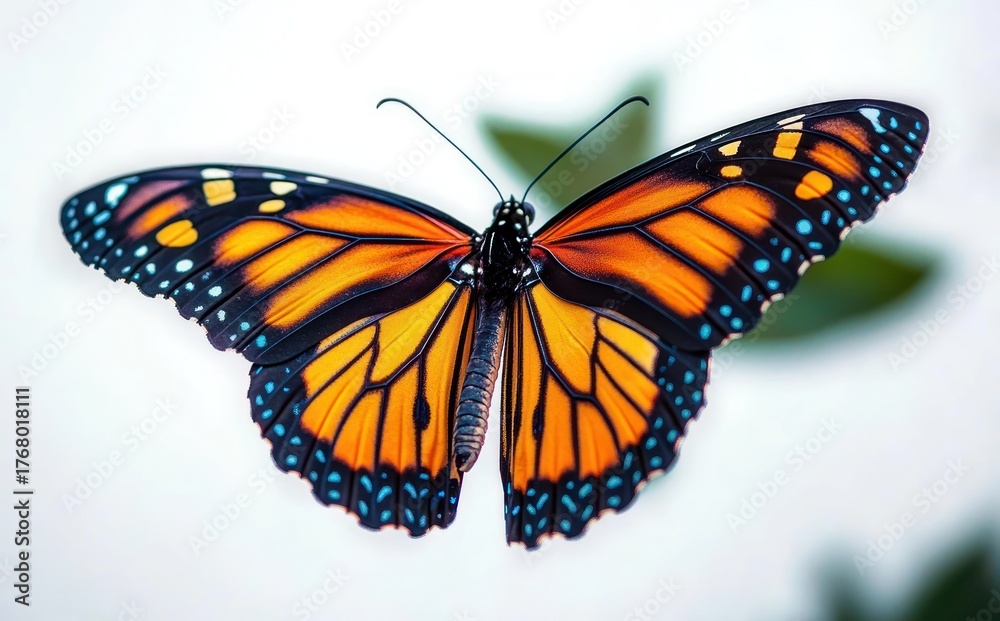 Obraz premium Close-up of a vibrant orange and black butterfly with blue and white wing markings resting with wings fully open on a blurred natural background
