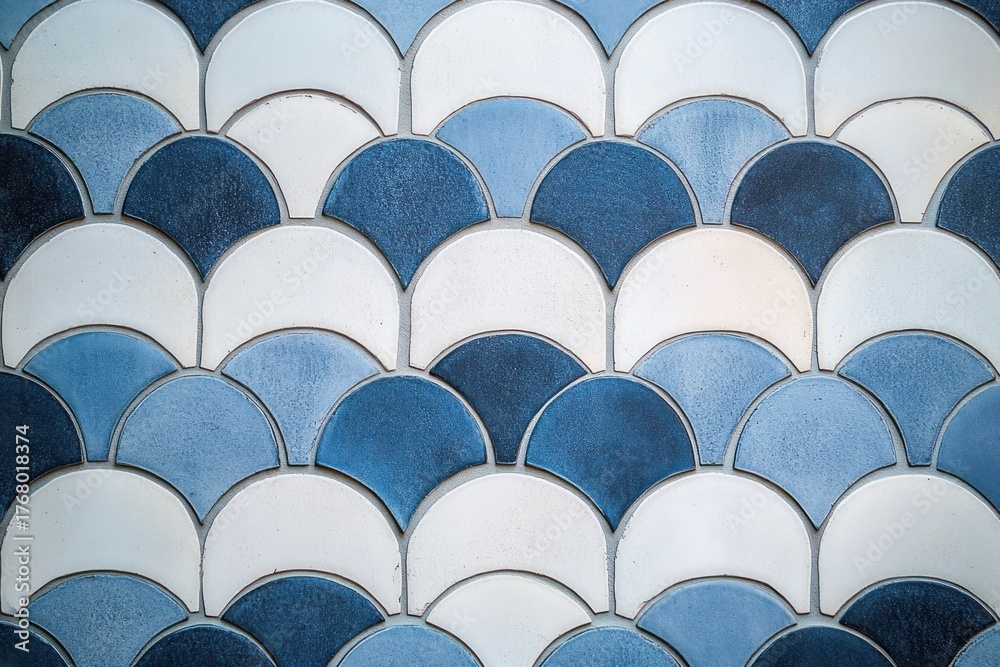 Fototapeta premium Pattern of blue and white ceramic tiles forming a scalloped design with alternating shades creating a textured and calm visual effect