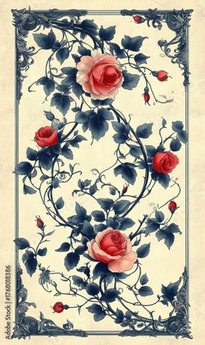 Intricate vintage floral illustration featuring red and pink roses with dark blue leaves and ornate border on a beige background