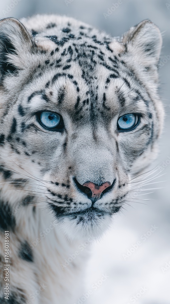 Obraz premium Majestic Snow Leopard Close-Up with Striking Blue Eyes in Winter