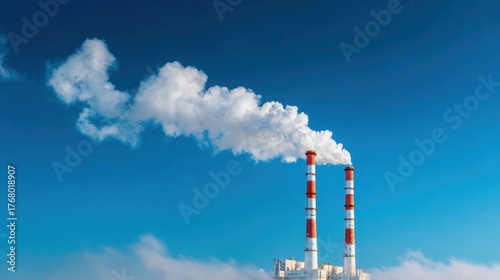 Industrial Power Plant with Red and White Chimneys Against Blue Sky