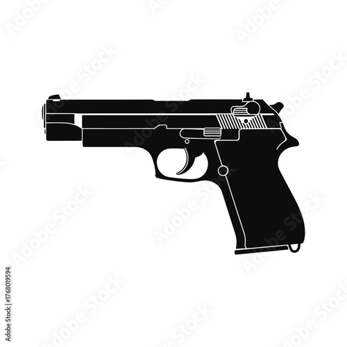Silhouette of a black semi automatic pistol on a white background